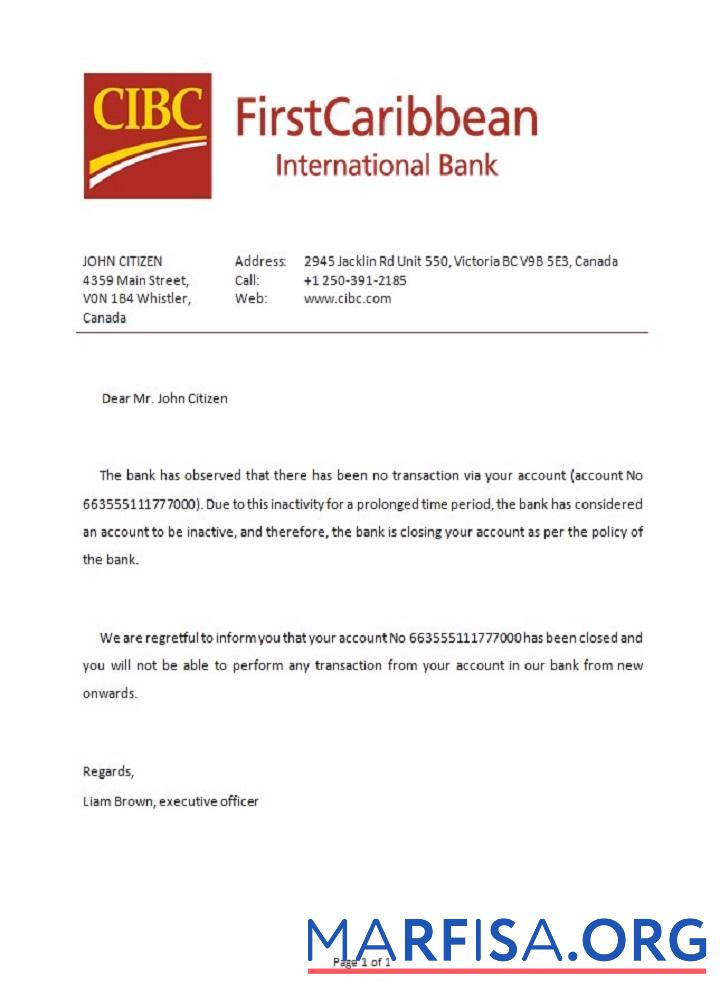 Blank Canada CIBC Bank closure reference sample